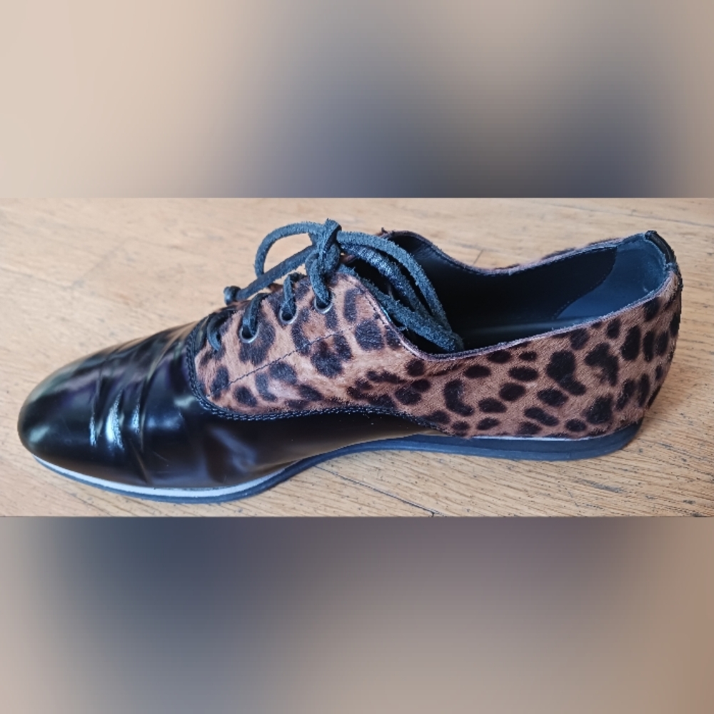 Tods Leopard Print Hair Black Leather Oxford Shoes. Great Shape. 39.5